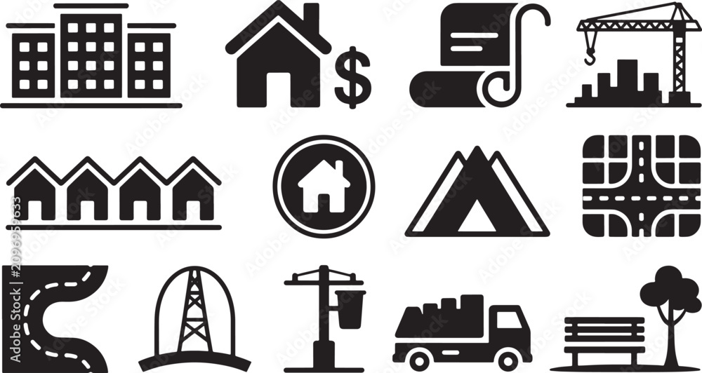 Fototapeta premium Urban planning and real estate development icons for infrastructure construction projects and power line