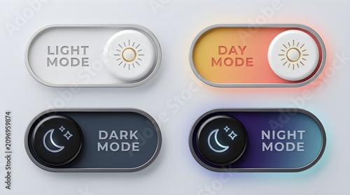 Toggle switches for light and dark mode settings featuring sun and moon icons on a clean modern digital interface design