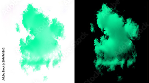 Vibrant green smoke cloud on white and black background, ethereal mint steam explosion, abstract neon teal powder burst for creative design