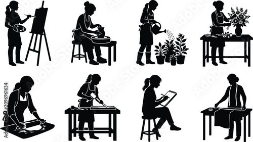 Fotografie Creative hobby and craft silhouettes set featuring women painting pottery garden