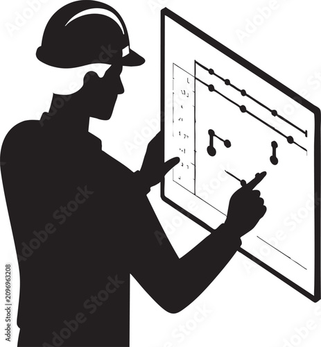Engineer silhouette checking construction data chart on transparent background