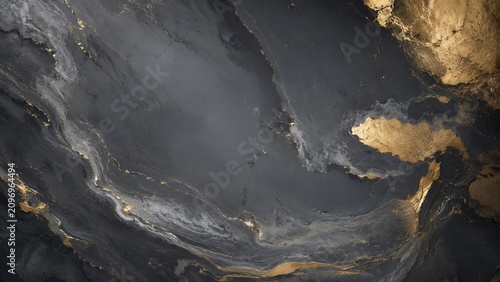 Abstract dark grey and black marble texture with flowing golden liquid gold veins