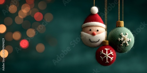 Felt Christmas ornaments hanging against bokeh lights