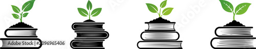 Four stacks of books with small green plants growing on top, symbolizing growth, knowledge, and learning.