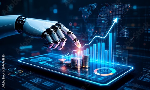 Robotic hand touching a digital financial chart with rising graphs and coin stacks