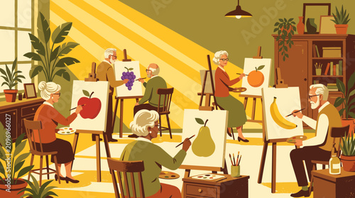 Senior citizens painting fruit still life in a creative art class studio illustration.