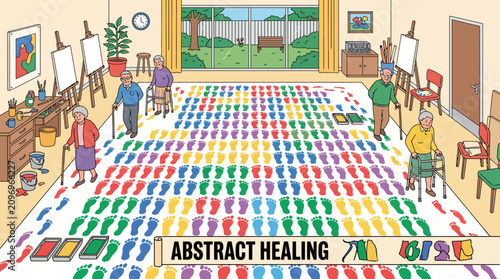 Senior citizens participating in abstract art therapy session using colorful footprints on a large canvas.