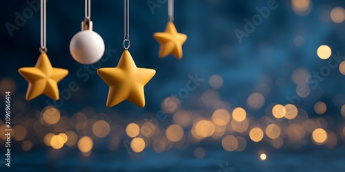Hanging yellow stars and white ball against blue background with bokeh lights