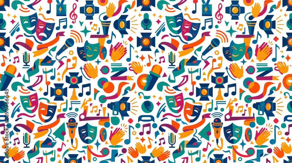 Naklejka premium Vibrant seamless pattern with theater masks and entertainment icons