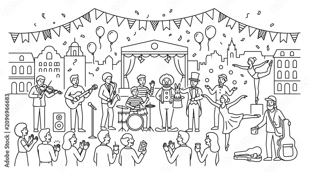 Obraz premium Street festival coloring page with performers and musicians in city