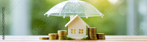 A small wooden house model is protected by a transparent umbrella, surrounded by stacks of gold coins, symbolizing financial security and home insurance.