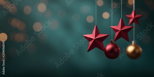 Red stars and Christmas ornaments hanging on teal background with bokeh lights