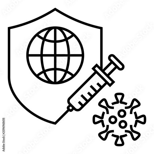 Simple outline illustration featuring a globe inside a protective shield with a syringe and virus symbol. Clean healthcare icon for immunization, disease prevention, and global health concepts.