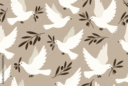 White peace doves flying with olive branches in their beaks form a beautiful seamless pattern on a tan backdrop.