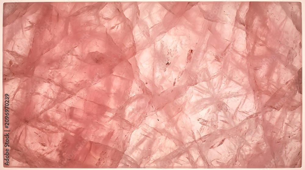 Fototapeta premium Close-up texture of a natural rose quartz mineral displaying its translucent, jagged facets and soft pink glow for a tranquil background design.