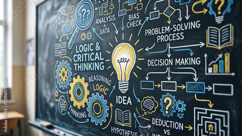 Logic Critical Thinking Doodles on Blurred Blackboard