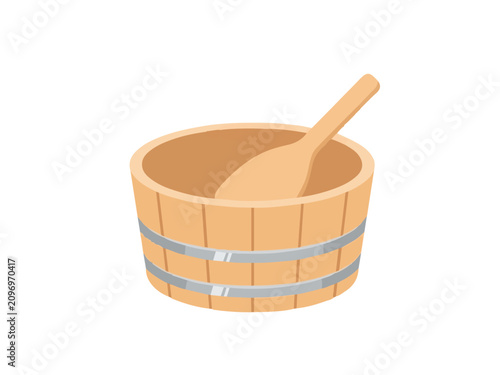 Traditional Wooden Sauna Bucket and Ladle Accessory for Spa Wellness and Relaxation Illustration
