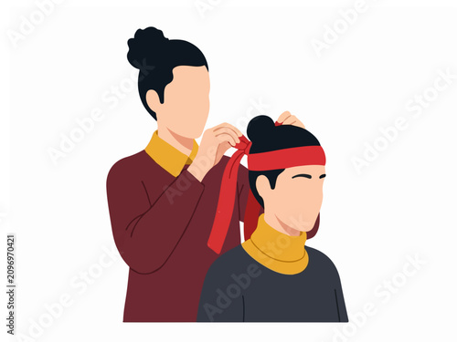 Flat Illustration of a Person Tying a Traditional Red Headband for Cultural Martial Arts Performance