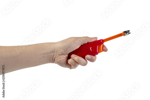 Photography Red gas lighter gun for gas-stove and hand isolated on transparent background