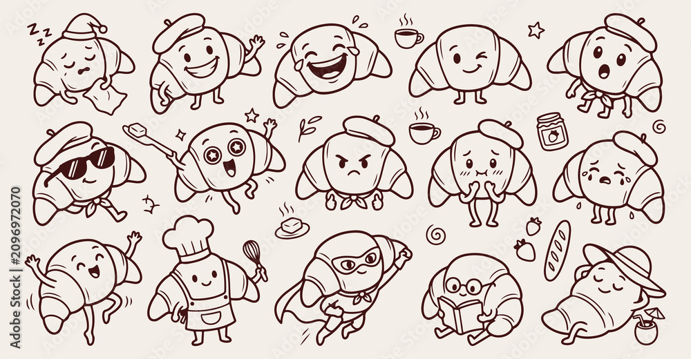 Fototapeta premium Cute croissant cartoon seamless pattern, happy bakery character wallpaper, kawaii french pastry doodle backdrop, funny bread vector print, smiling baking line drawing, playful kitchen textile design,