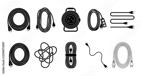 Electric Extension Cord Vector Collection Set Featuring Power Cables And Cable Reels In Black Silhouette Style