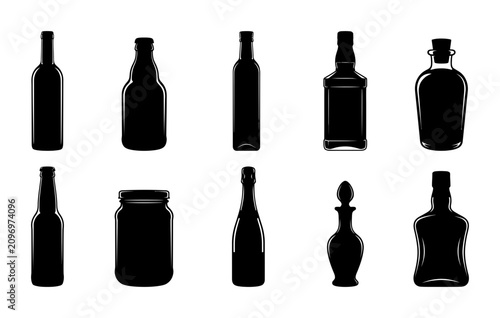 Glass Bottle Silhouette Collection Set Featuring Various Beverage Container Shapes and Drinking Vessel Designs