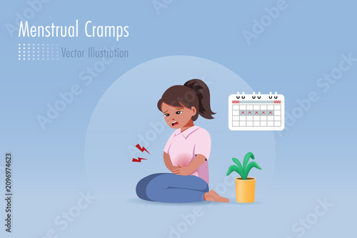Woman suffers from menstrual cramps, period pain or stomachache with calendar. Female PMS cramp, medical and healthcare. Vector.