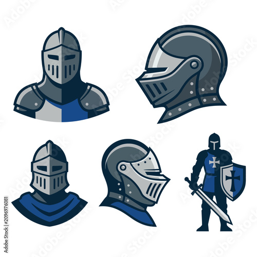 Set of medieval knight helmets and armor for a warrior