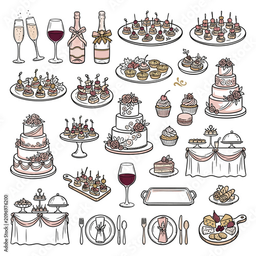 Elegant wedding reception dessert and drink illustration collection