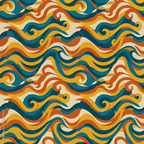 Abstract teal and orange wave pattern with stylized swirls and curves