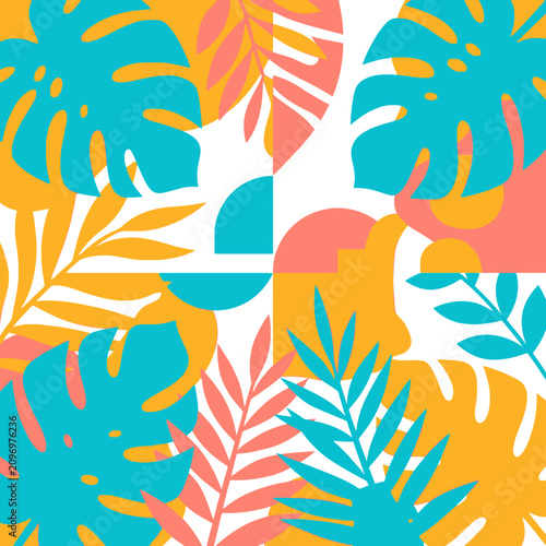 Vibrant tropical leaves and abstract shapes in a colorful pattern