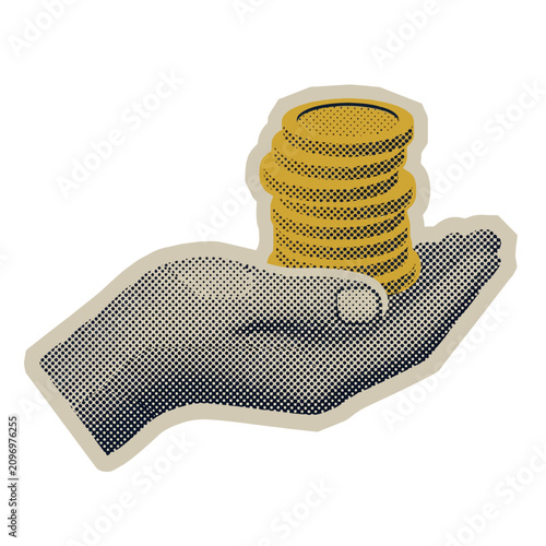 A stylized hand holds a stack of golden coins above a paper bill