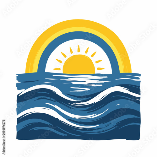 A stylized sun rises over dynamic blue ocean waves with a yellow halo