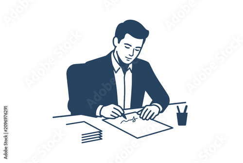 A businessman in a suit analyzes data at his office desk