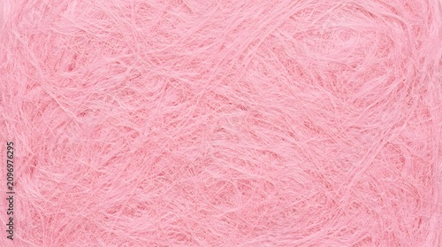 Gentle pastel pink fluffy yarn texture fills the frame, a detailed macro studio shot providing soft material background for commercial designs.