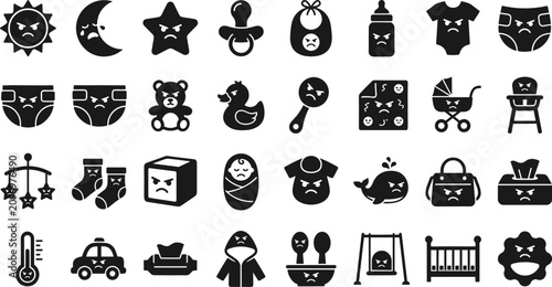Tableau sur toile Funny Angry Baby Face Nursery Silhouette Icon Set Featuring Grumpy Newborn Essen