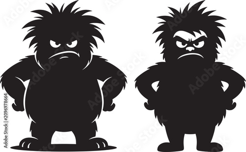 Pair of angry furry monster character silhouettes on white background with creature character silhouette background illustration