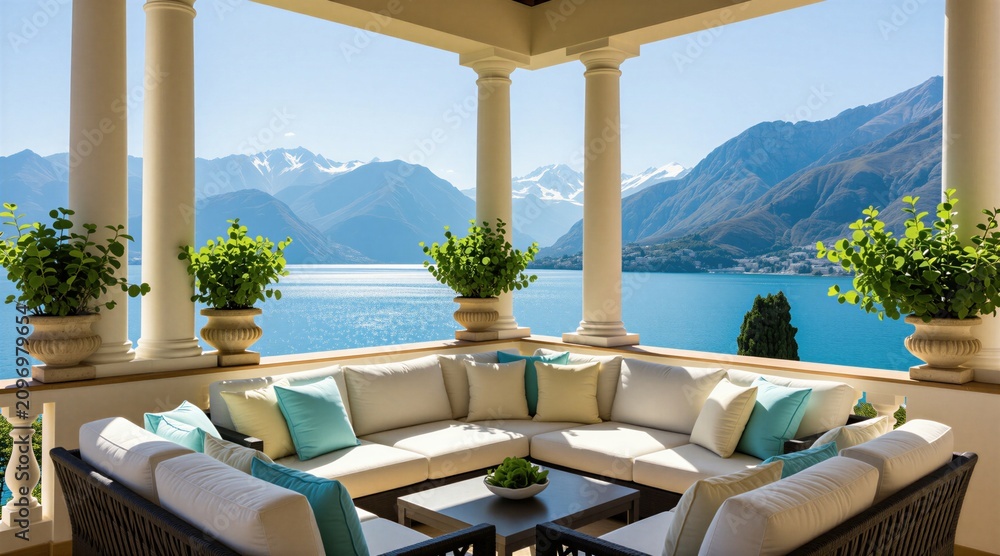 Obraz premium Luxury villa terrace with modern sofa overlooks blue water bay and snow capped mountains. Classical columns frame scenic panorama. Green potted plants add touch of nature.