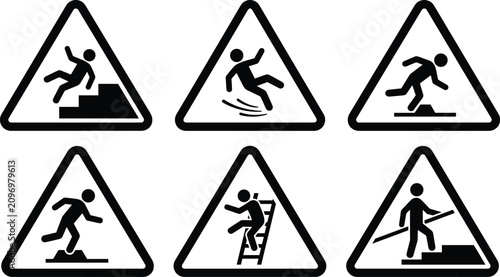 Foto Industrial Safety Hazard Warning Icon Set Showing Slipping on Floor Falling from