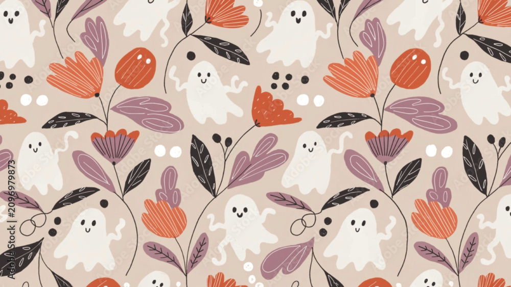 Fototapeta premium Hand-drawn seamless Halloween floral pattern ghosts vector background 