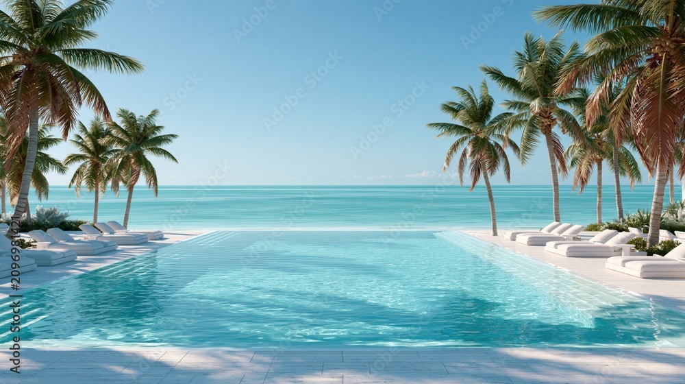 Fototapeta premium Luxury Tropical Resort Infinity Pool Overlooking the Turquoise Ocean on a Sunny Day