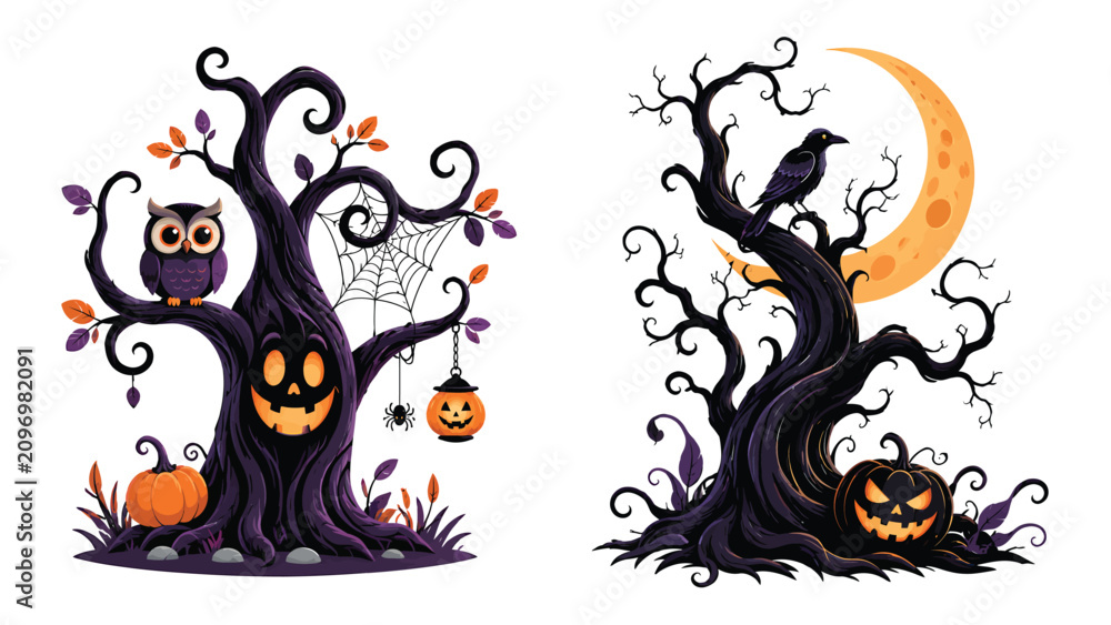 Fototapeta premium Spooky halloween trees with jack-o-lanterns and owl illustration halloween jackolantern celebration decoration illustration seasonal woodland silhouette mystical nighttime character