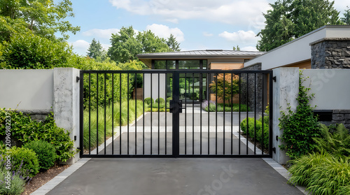 Modern residential estate entrance with black metal gate and stone pillars real estate driveway
