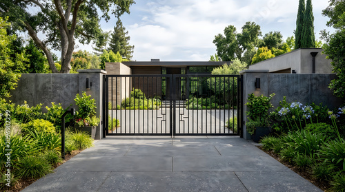 Contemporary home driveway entrance with black iron gate and stone wall real estate driveway