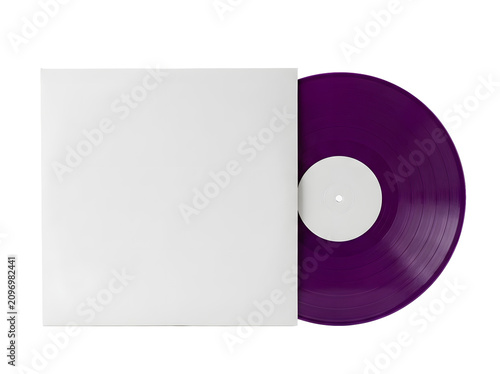 Purple vinyl record with white sleeve isolated on transparent background