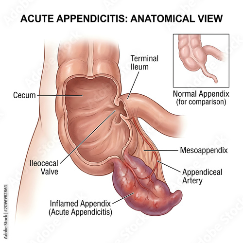 Anatomical illustration of acute appendicitis and cecum with appendicitis, inflammation