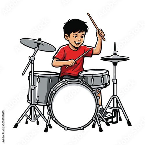 Фотография Boy playing drum set with bass drum snare and cymbals