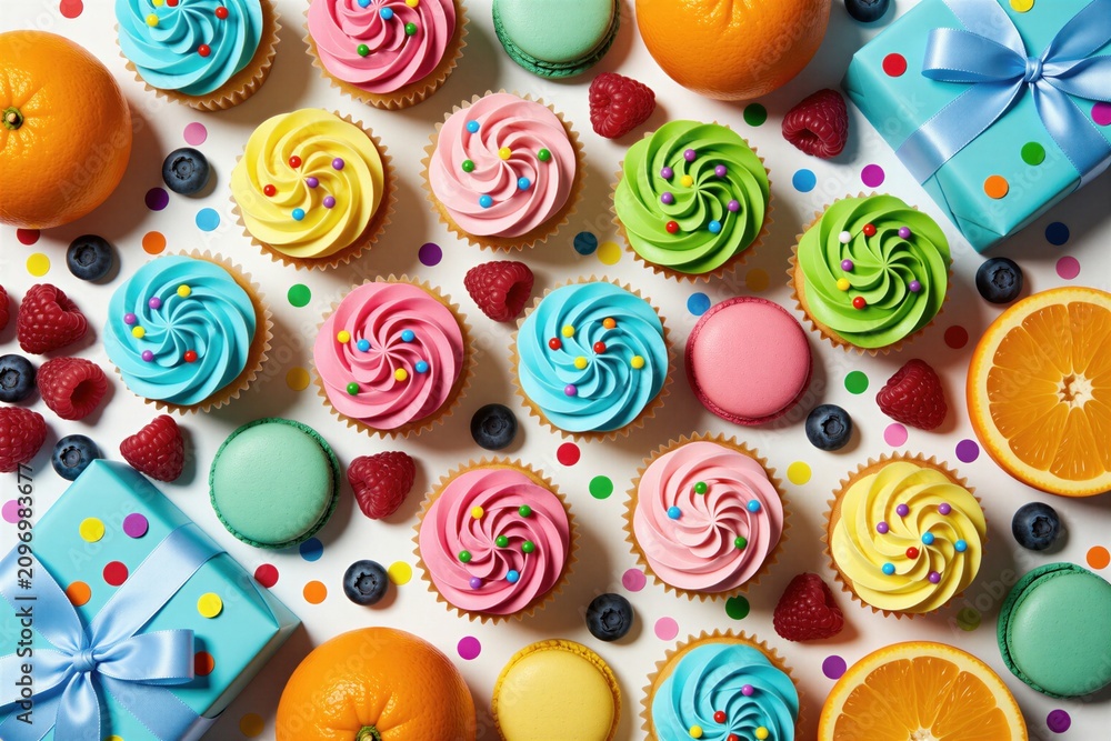 Fototapeta premium Top view of festive birthday party treats. Colorful cupcakes with frosting sprinkles alongside fresh oranges raspberries blueberries. Macarons, gift boxes with ribbon bows arranged on white table