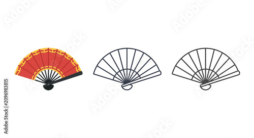 Traditional folding hand fan icons in flat and outline styles