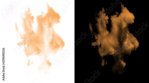 Orange smoke explosion on black and white background, abstract fire cloud texture, cinematic vapor effect for design overlays